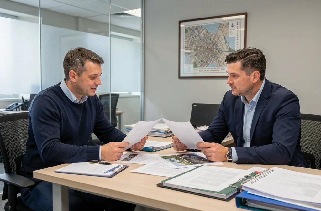 Locataire et agent immobilier examinant ensemble les charges locatives dans une agence immobilière