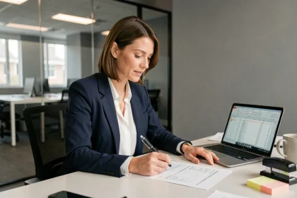 Agent immobilière en blazer marine révisant un modèle de pré état daté vierge à son bureau dans une agence moderne