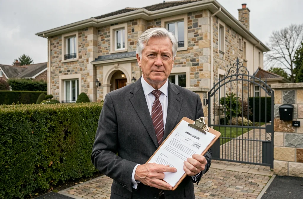 Agent immobilier devant une villa de prestige tenant un contrat de mandat exclusif