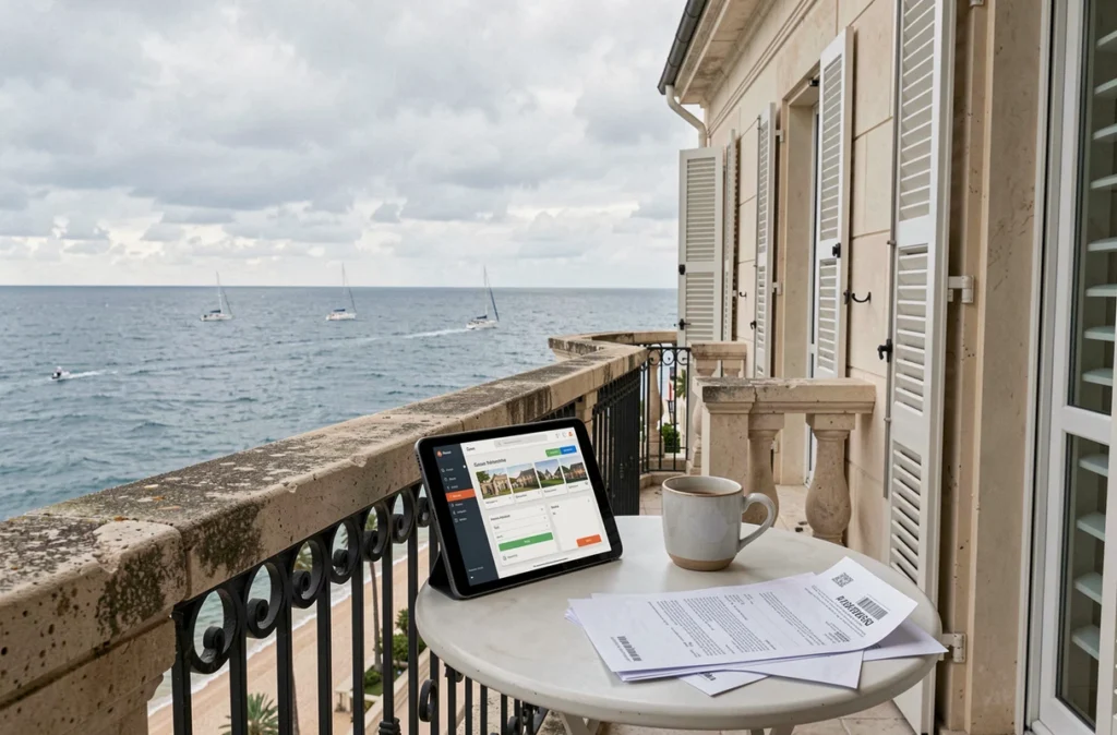 Balcon d'appartement en bord de mer avec tablette affichant un tableau de bord de gestion locative et contrat immobilier