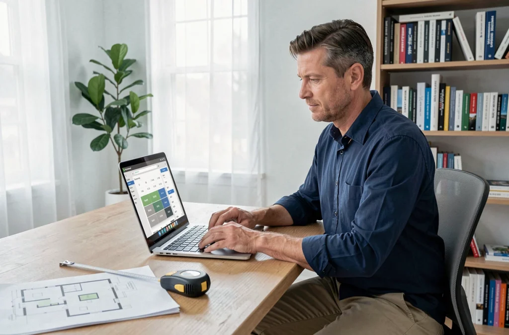 Homme utilisant une calculatrice immobilière en ligne sur ordinateur portable avec plans et mètre ruban sur un bureau