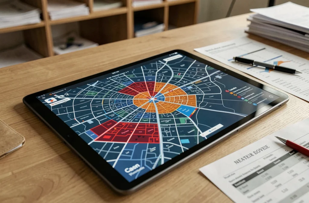 Carte interactive de Caen sur tablette avec zones de quartiers colorées en rouge et orange pour analyse urbaine
