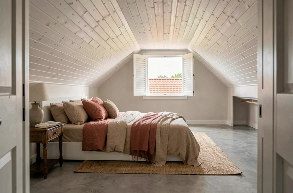 Chambre sous les combles aménagée avec plafond en lambris blanc, lit plateforme et lucarne donnant sur les toits