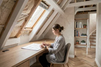 Combles aménagés en bureau à domicile avec poutres apparentes blanches, fenêtre de toit Velux et plancher en chêne massif