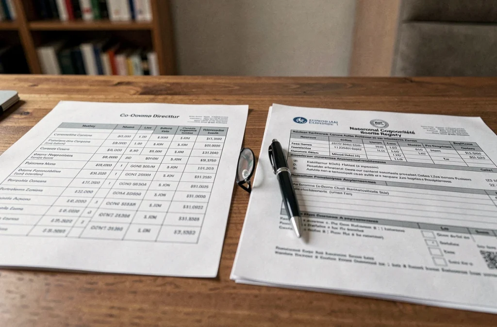 Vue de dessus de deux documents administratifs comparant l'annuaire de copropriété et le registre officiel national posés sur un bureau en bois
