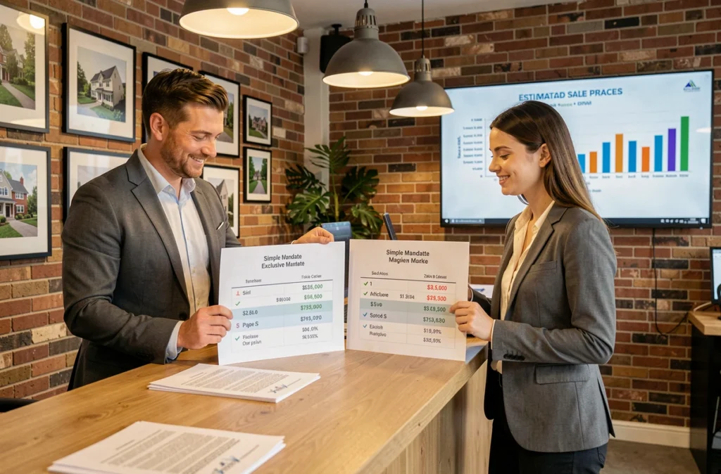 Deux professionnels de l'immobilier comparant les résultats de prix entre mandat simple et mandat exclusif