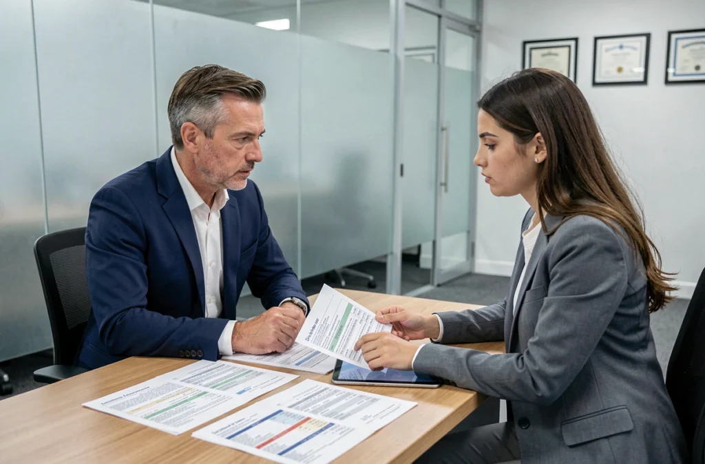 Conseiller bancaire présentant les conditions d'un prêt immobilier longue durée à une cliente