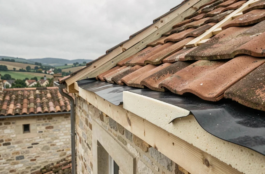 Coupe détaillée des couches d'une toiture rénovée avec isolation thermique rigide et tuiles en terre cuite