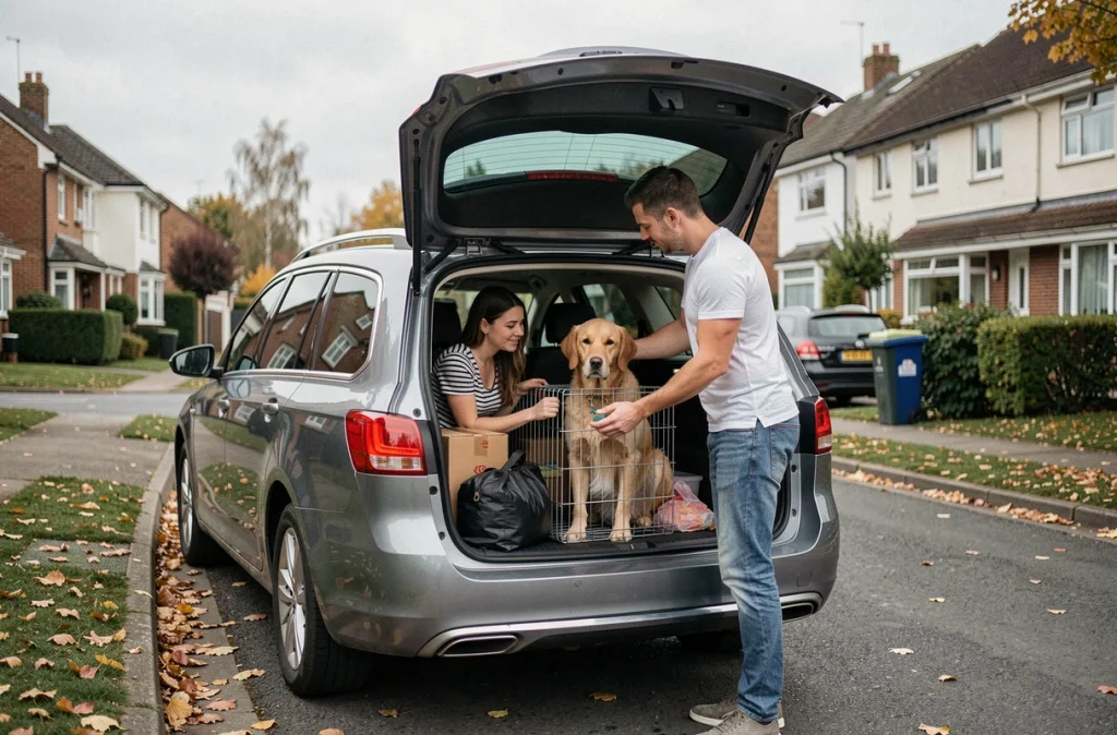 Couple chargeant un golden retriever dans un coffre de voiture aménagé avec une cage sécurisée pour un déménagement en milieu périurbain