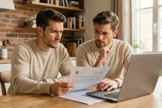 Couple étudiant un contrat de crédit immobilier sur 25 ans à la maison
