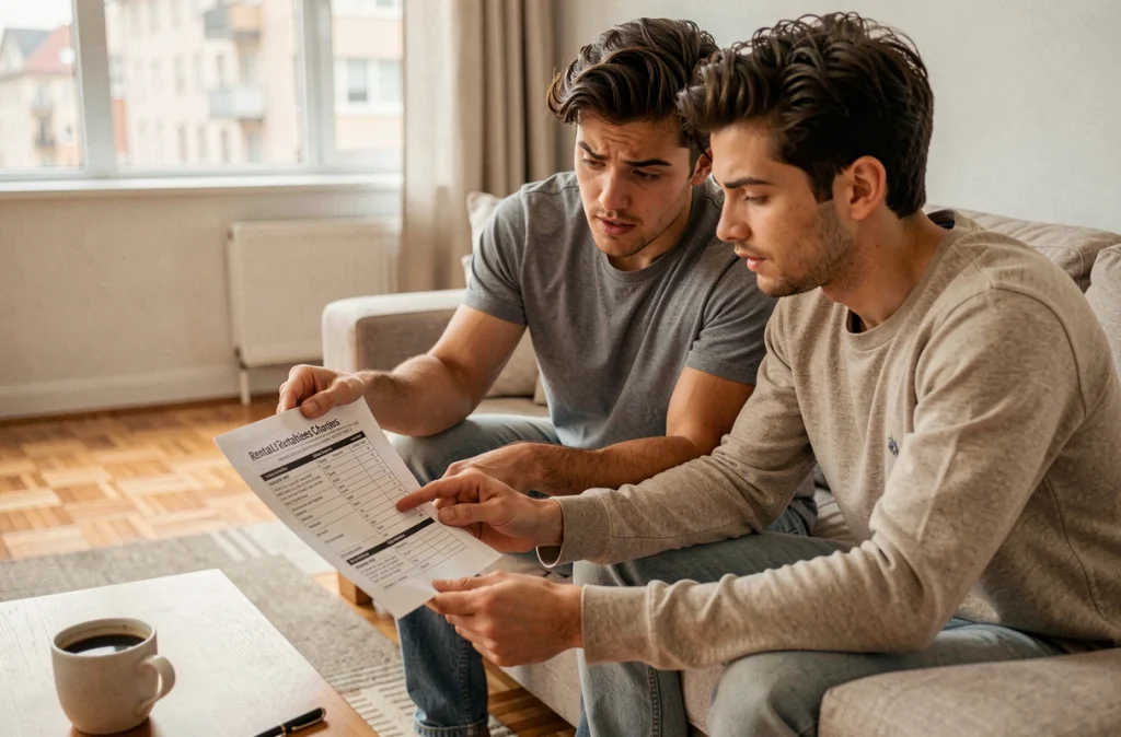 Couple de locataires consultant la liste des charges locatives sur leur canapé à domicile