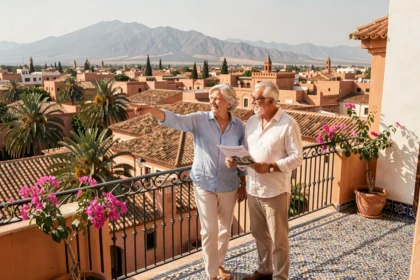 Couple de retraités européens sur la terrasse d'un appartement à vendre à Marrakech avec vue sur la médina