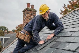 Couvreur professionnel posant des ardoises sur une toiture en pente pour améliorer l'isolation d'une maison
