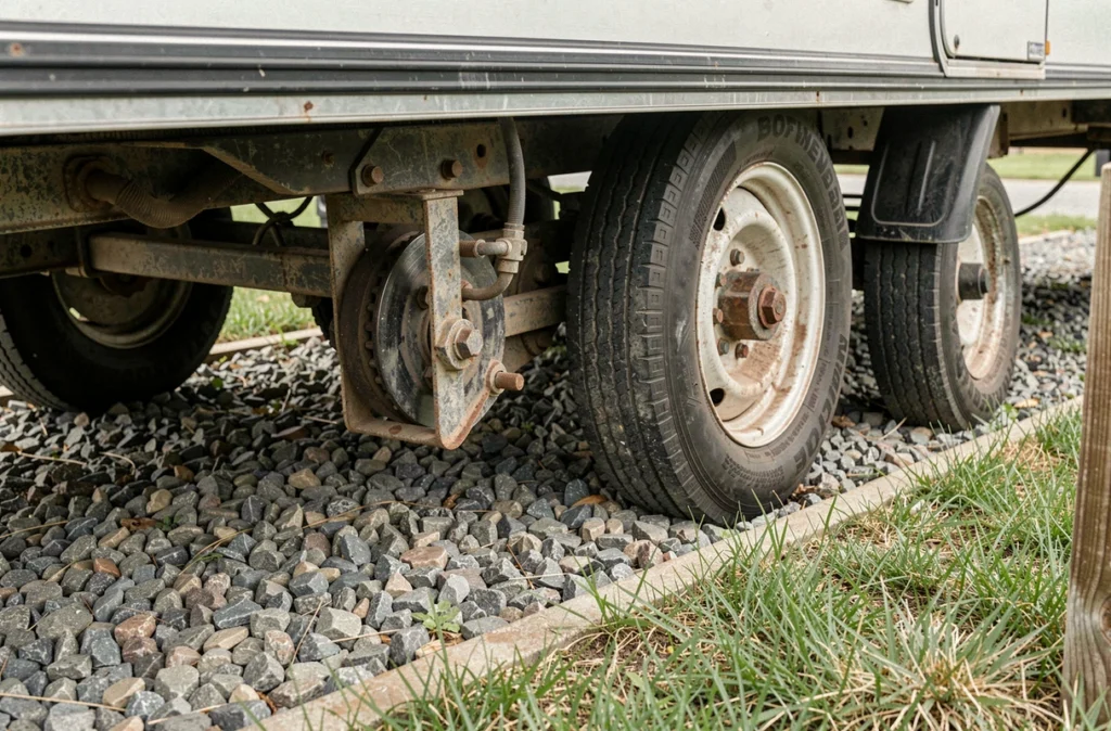Détail du châssis, des roues et de l'attelage d'un mobil-home sur gravier, illustrant les critères techniques du statut juridique de caravane