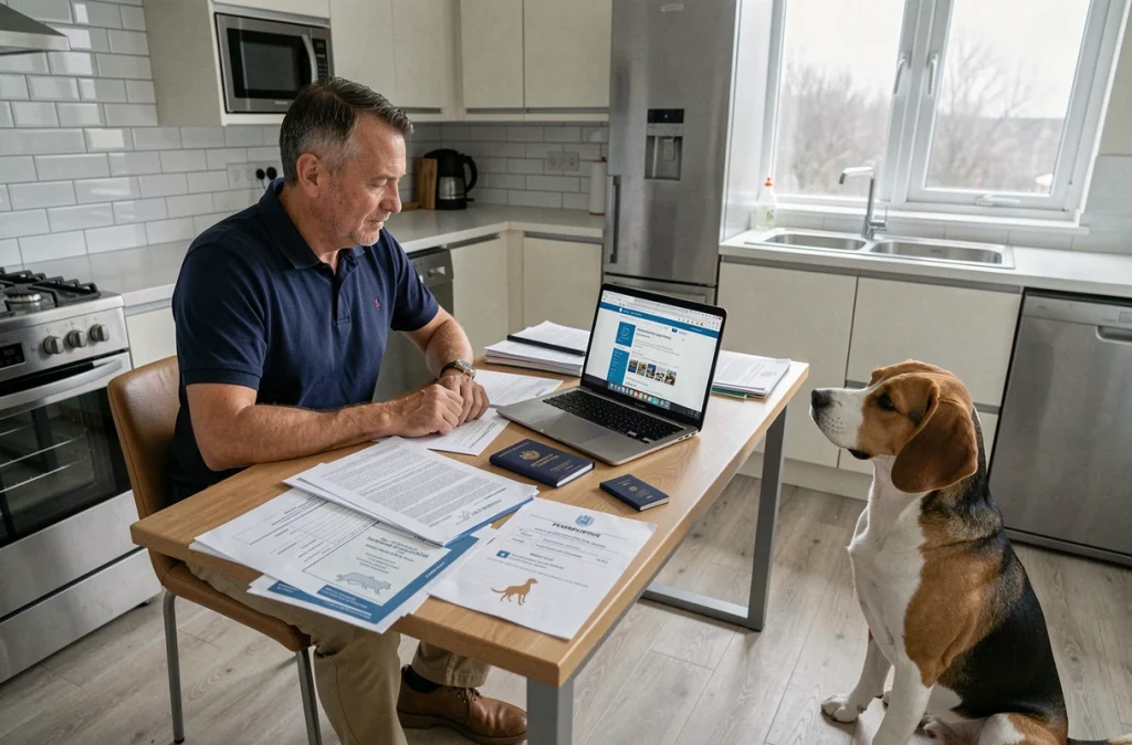 Homme consultant des documents administratifs et un passeport pour animal de compagnie avant un déménagement, avec son beagle à ses côtés