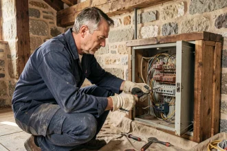Électricien inspectant un ancien tableau électrique avec câblage vétuste dans une maison en pierre à rénover