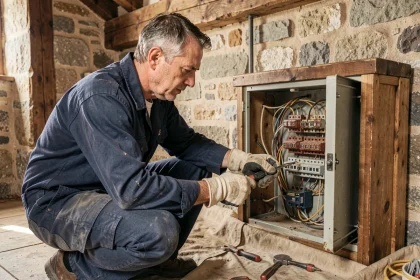 Électricien inspectant un ancien tableau électrique avec câblage vétuste dans une maison en pierre à rénover