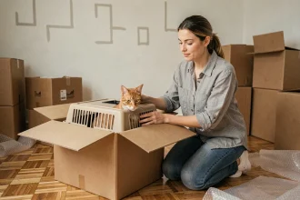 Femme préparant un chat roux dans une caisse de transport lors d'un déménagement avec des cartons empilés en arrière-plan