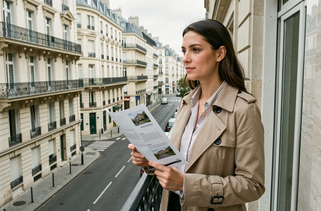 Femme réfléchissant à l'achat immobilier financé par un crédit sur 25 ans depuis son balcon