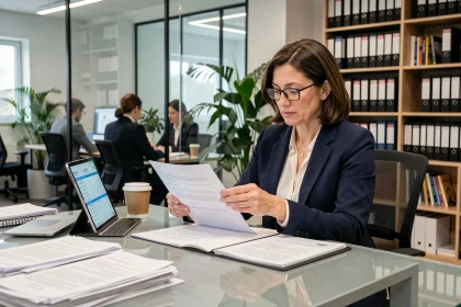 Gestionnaire de copropriété consultant un registre numérique et des documents imprimés dans un bureau professionnel moderne