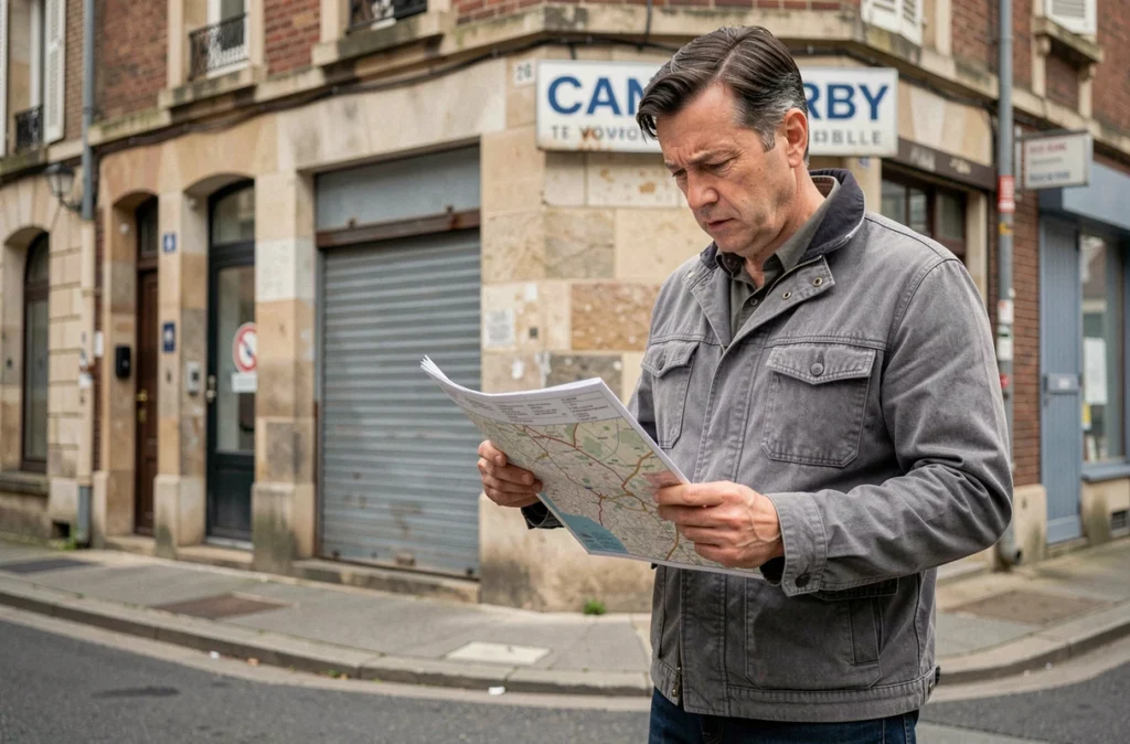 Homme consultant une carte imprimée des quartiers de Caen dans la rue avec expression préoccupée