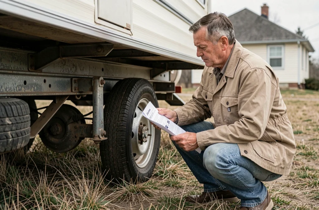 Homme inspectant le châssis et les roues d'un mobil-home sur son terrain avec un document administratif, thème des conditions légales de stationnement