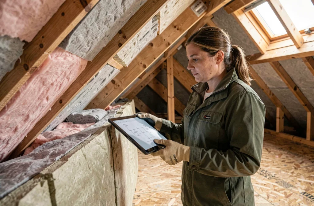 Architecte inspectant l'isolation en laine minérale sous les combles d'une maison en cours de rénovation