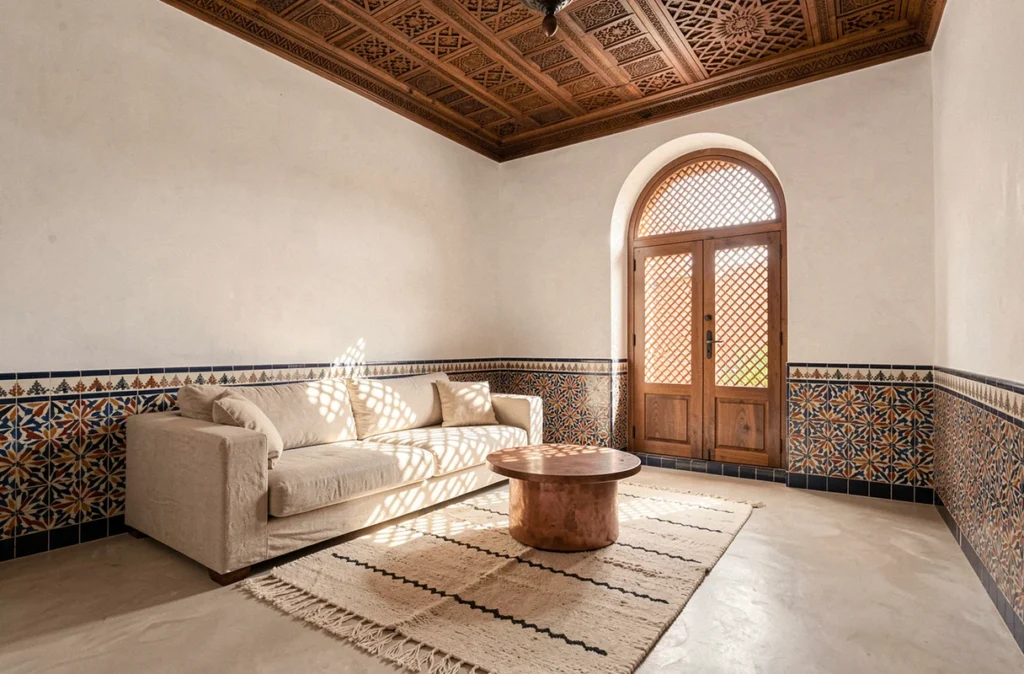 Intérieur d'un appartement marocain traditionnel rénové à vendre à Marrakech avec salon de style authentique