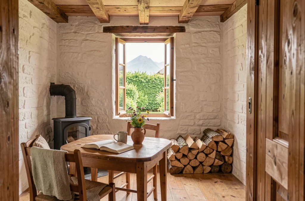 Intérieur rustique d'une petite maison à louer dans les Hautes-Pyrénées avec vue sur jardin et montagne, ambiance simple et ressourçante