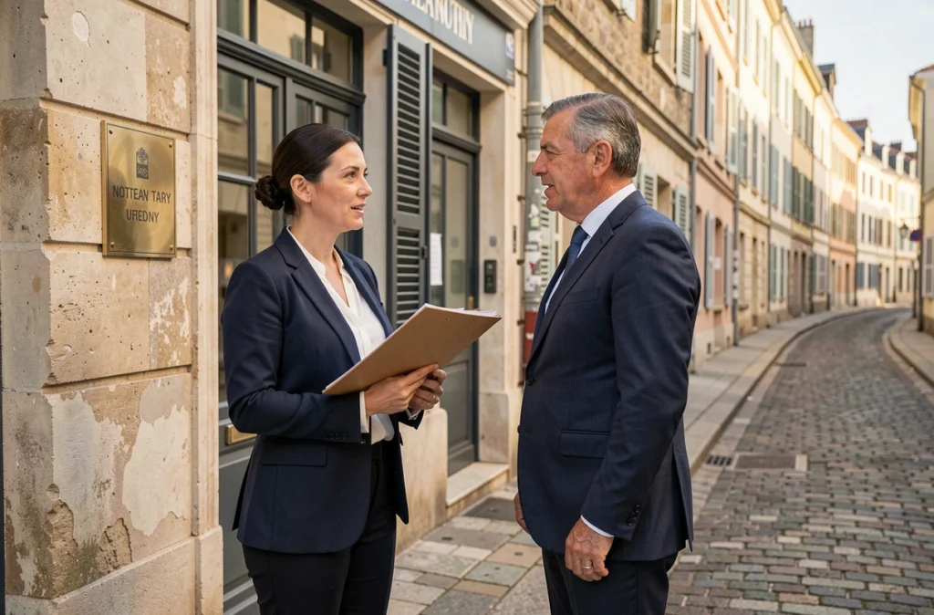 Investisseuse immobilière en discussion avec un conseiller fiscal devant un office notarial dans une ville côtière française