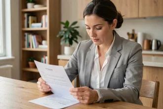 Locataire lisant attentivement un contrat de location à une table en bois dans un appartement moderne