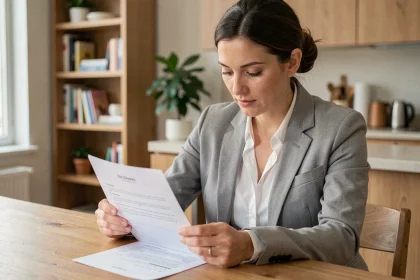 Locataire lisant attentivement un contrat de location à une table en bois dans un appartement moderne