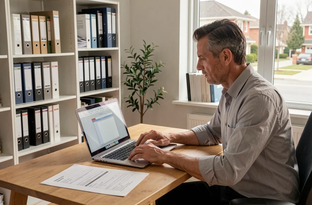 Professionnel de l'immobilier utilisant un modèle Word de pré état daté vierge sur son ordinateur portable dans un bureau à domicile