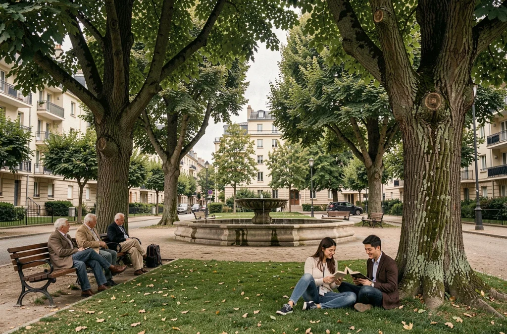 Espace vert de quartier à Ivry-sur-Seine près de l'avenue de l'industrie avec habitants et arbres