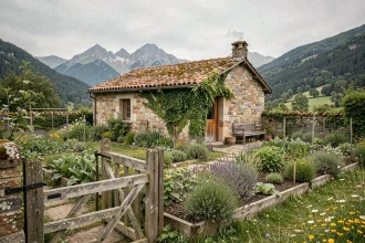Petite maison en pierre avec jardin fleuri à louer dans les Hautes-Pyrénées, entourée de montagne et de végétation sauvage