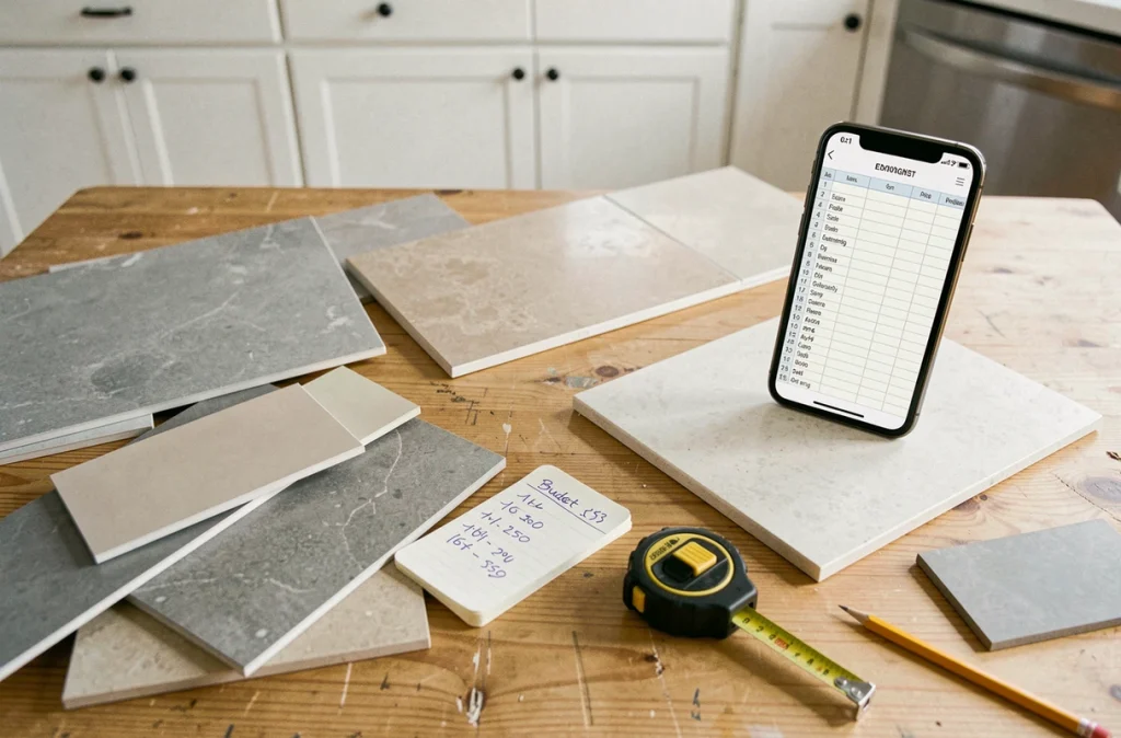Matériaux et budget de rénovation salle de bains disposés sur une table, planification travaux
