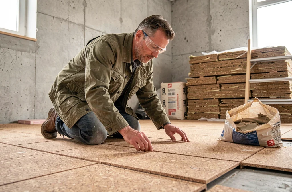 Artisan posant des dalles de liège naturel lors de la rénovation d'un appartement avec matériaux écologiques