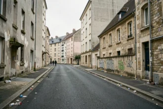 Rue résidentielle dégradée dans un quartier de Caen avec immeubles en béton et tags sur les murs
