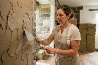 Artisane appliquant un enduit en argile naturelle sur un mur lors d'une rénovation écologique avec matériaux biosourcés