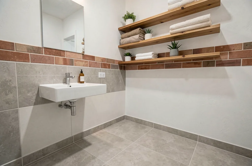Salle de bains rénovée moderne et économique avec carrelage grès cérame et étagères en bois