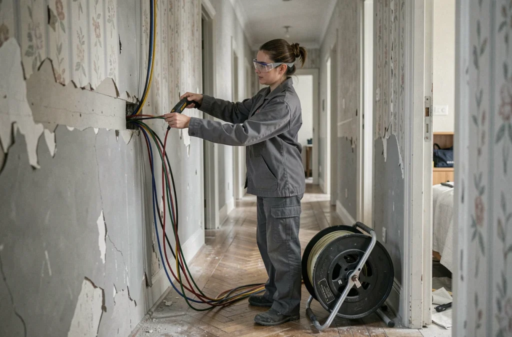 Électricienne tirant des câbles électriques neufs dans un couloir d'appartement ancien en cours de rénovation