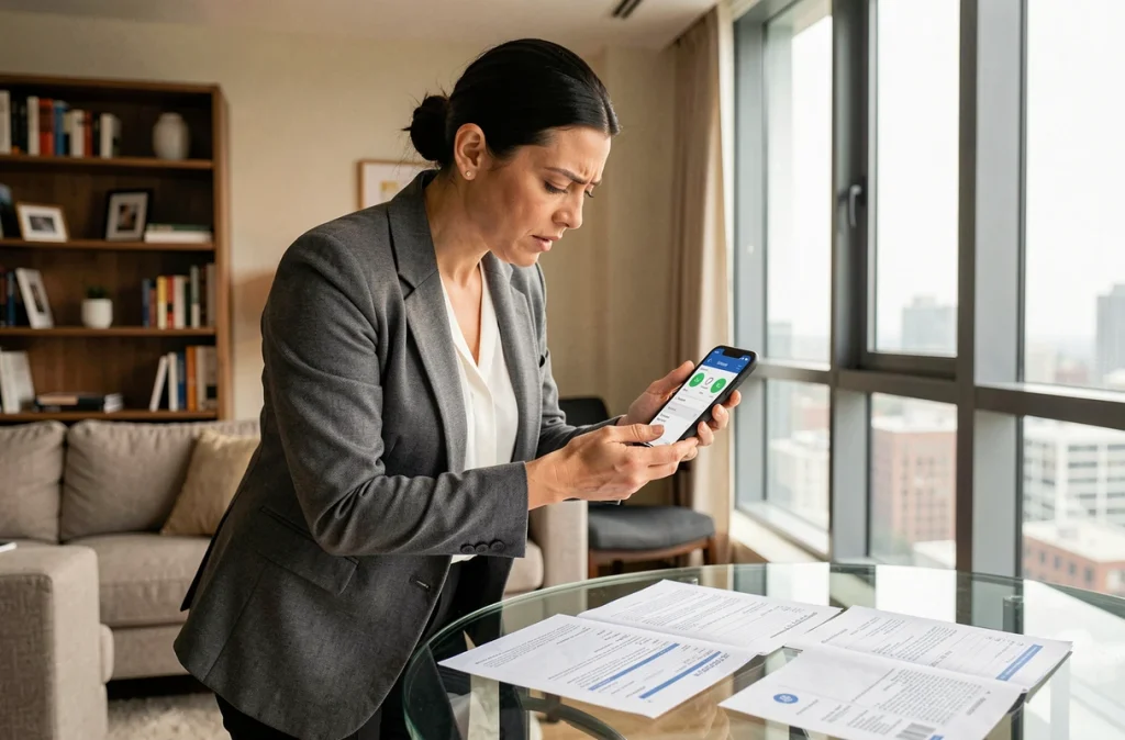 Propriétaire vérifiant des relevés bancaires et un contrat de gestion locative pour identifier des versements de loyer manquants par l'agence immobilière