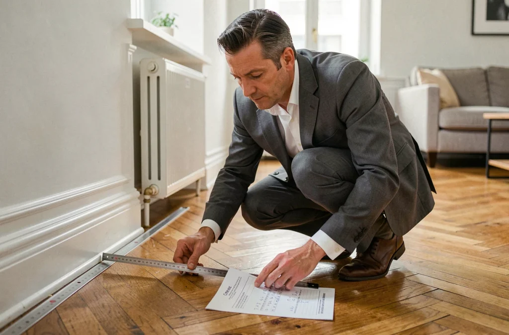 Agent immobilier vérifiant la conformité loi Carrez en mesurant la hauteur sous plafond dans un salon