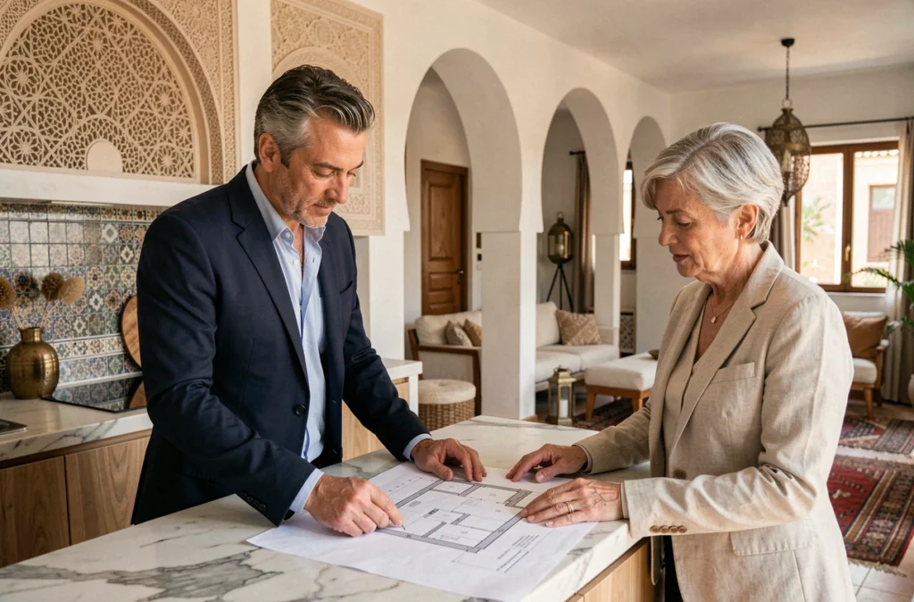 Agent immobilier marocain présentant un appartement rénové à Marrakech à une future retraitée française