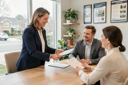Agent immobilière présentant les garanties de vente d'une maison à un couple d'acquéreurs dans une agence professionnelle