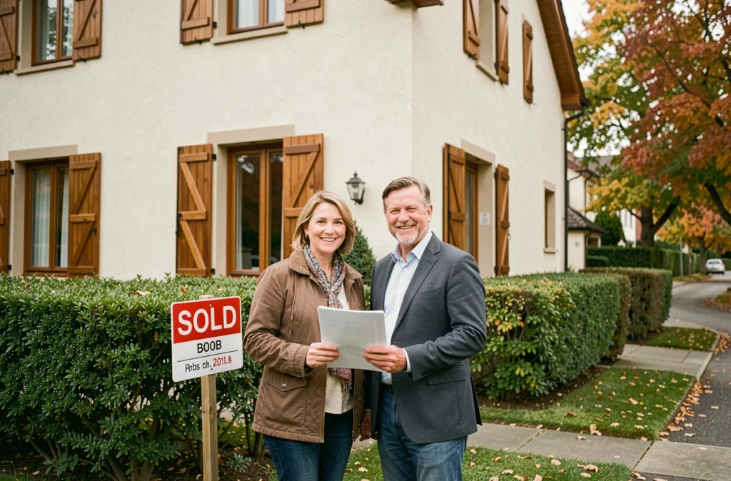 Couple d'acquéreurs heureux devant leur nouvelle maison vendue avec garanties immobilières