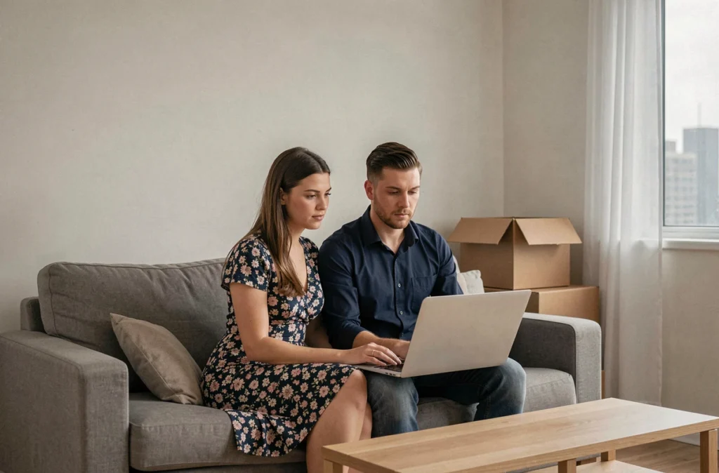 Couple consultant un ordinateur portable en attendant la réponse d'un bailleur social après une visite d'appartement