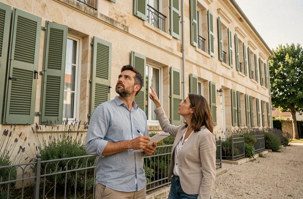 Couple évaluant un immeuble résidentiel dans un quartier de Nîmes avant une décision immobilière