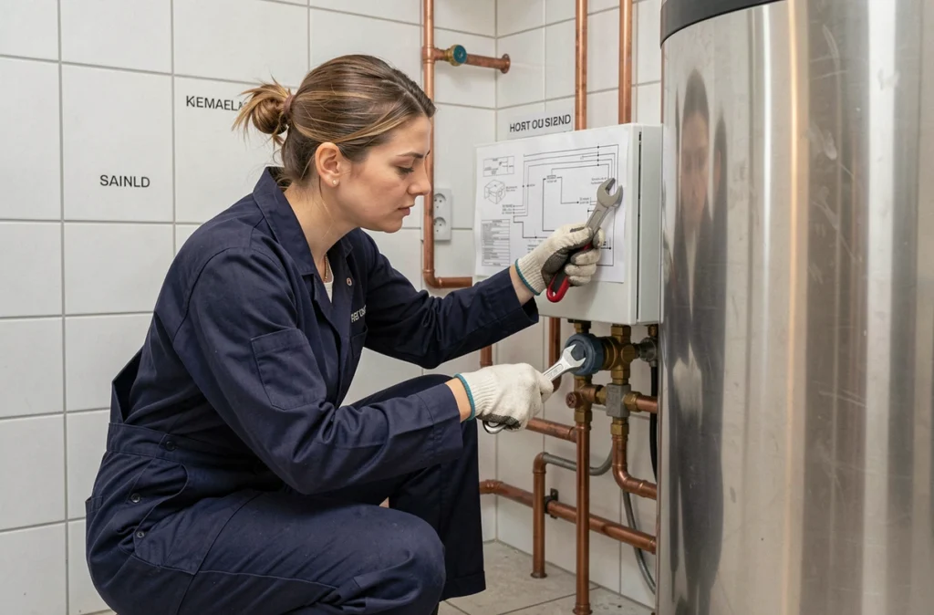 Technicienne d'Espace Aubade Tours installant un système de chauffage et de production d'eau chaude dans une salle technique rénovée