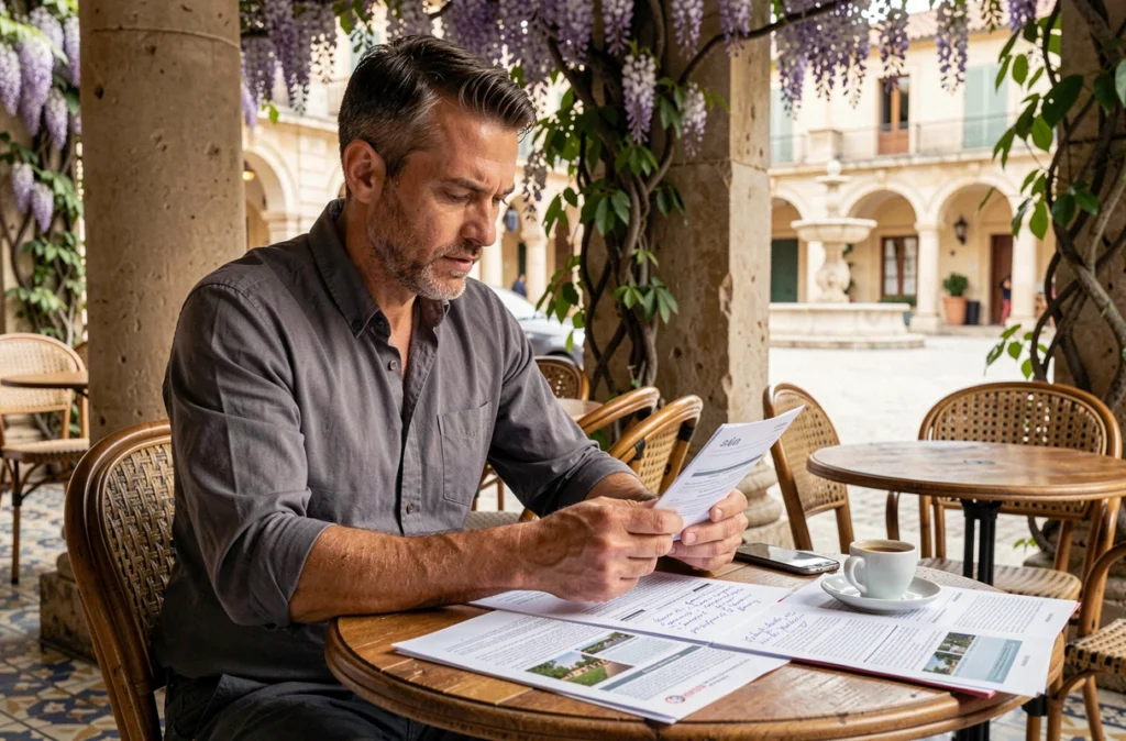 Homme analysant des annonces immobilières des quartiers de Nîmes en terrasse de café